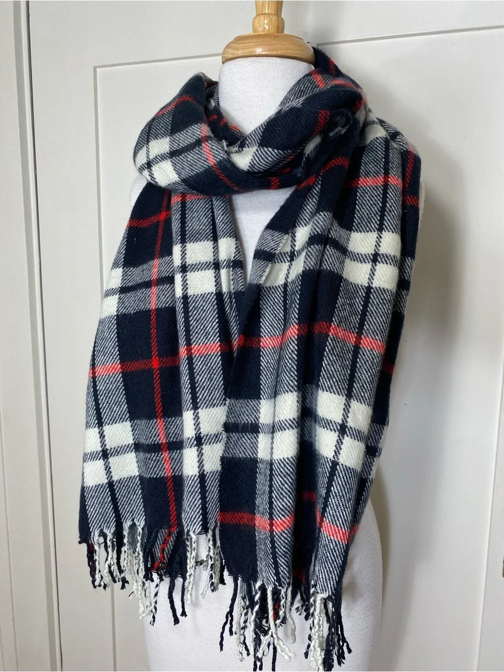 J. Crew Classic Navy & White & Red Plaid Knit Fall Winter Scarf with Fringe